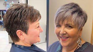 Women Short Haircut Transformation Any Age Of Women 50+ | Short Pixie Haircut With Grey Fine Looks