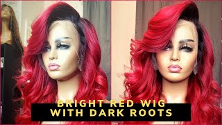 Dark Brown Roots On Long Wavy Fire Red Wig! | How To Style And Customize A Lace Frontal Wig