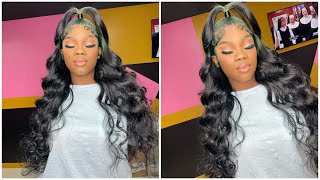 Jet Black With Hunter Green Roots| Custom Color & Body Wave Wig Install| Tinashe Hair