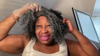 Color Black Curly Wig Into Curly  Grey Afro