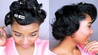 How To Style Short Relaxed Hair | Pin Curls Tutorial | Heatless Curls.