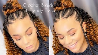 Curly Crochet W/Stitch Braids & Bun On Long Wavy Hair Ft.Trendy Tresses