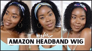 Trying My First Curly Headband Wig From Amazon | Protective Hairstyles For Relaxed Hair | Denaj