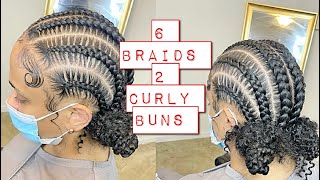 Detailed And Explained‼️ Trending 6 Stitch Feedin Braids With 2 Curly Buns To The Back | London Tayy