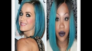 Katy Perry Inspired Ombre Teal Color Full Lace Virgin Hair Bob Wig | Evawigs.Com