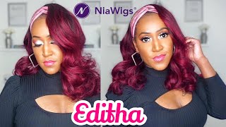 Burgundy Body Wave Human Hair Headband Wig – Niawigs Editha – Holiday Edition