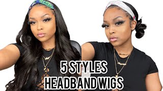 5 Easy Hairstyles! No Glue No Lace Headband Wigs Ft. Hurela Hair| Ari J.