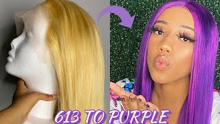 Dying A Wig For The First Time | 613 Blonde Wig To Purple | Water Color Method Ft. Dollfacehair