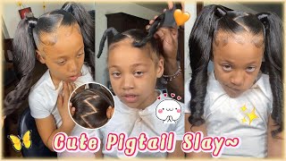 How To:  Sleek Double Ponytail W/ Weave On Natural Hair | Zig Zag Middle Part For Kid Styles