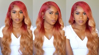 Brown Skin Makes Colorful Hair Pop! Red & Blonde Ombre Hair Install!! No Dye Or Glue|Megalook