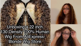 $150 Highlight Curly Ombre Honey Blonde Lace Front Wig 130% Density Deep Water Wave T Part Lace Wig