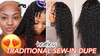 Curly Traditional Sew-In Dupe!!  Heatless Curly V-Part Wig Install Ft. Kriyya Hair