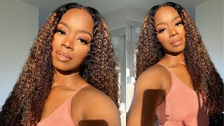 Omg This Wig Is Everything! 1-Min Easy Install Brown Highlighted Curls V Part Wig! Beauty Forever