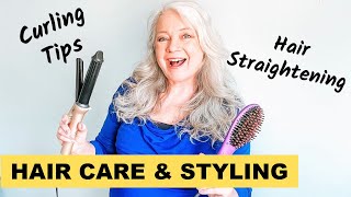 Hair Styling Tips ( Curling Iron, Straightening Brush & Care For Mature Women Over 50 )