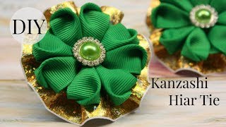 Diy Kanzashi Hair Tie/St. Patrick'S Day Ponytail Holder /Kanzashi Clover