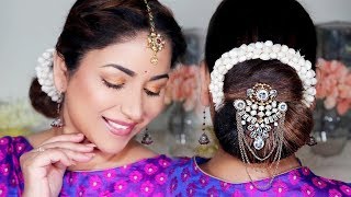 5 Minute Traditional Juda/Low Bun With Gajra || Easy Festival Hairstyle (Giveaway 3)