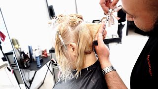 Anti Age  Haircut - Blonde  Layered Bob With Side Bangs & Gray Highlights