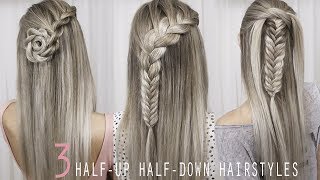 3 Pretty Half-Up Half-Down Hairstyles | Back To School | Tutorial