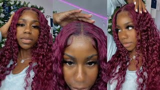 Cute Middle Part Install On Deep Wave 99J Colored Lace Frontal Wig |#Shorts #Westkisshair