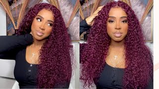 Gorgeous & Super Easy | Pre Colored Burgundy Curly Hair | T Part Wig Install Ft Kriyya Hair