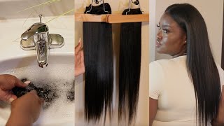 What I Wash My Clip In Hair Extensions With | Straightening , Trimming + Install | Full Routine