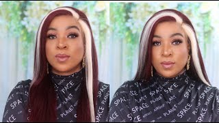*Must Have* Amazing Color Burgundy W Blonde Stripes Lace Frontal Wig Ft. Vshow Hair