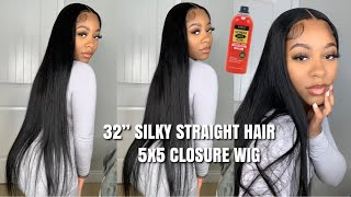 Silky Bone Straight Hair On 32 Inch 5X5 Closure Wig + Trying Ebin Lace Adhesive Spray | Nadula Hair