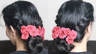Festive Messy Bun With Roses | Messy Bun Hairstyle For Wedding/ Festivals