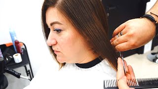 Super Haircut | Sleek Stacked A Line Bob With Side Bangs Thick Hair