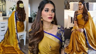 Indian Get Ready With Me|Blue+ Gold Saree| Hairdo With Jasmine Flowers