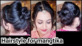 Indian Bun Hairstyle With Mangtika For Very Thin Hair// Easy Puff Hairstyles For Short/Medium Hai