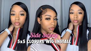 How To Make Your 5X5 Closure Look Like A Frontal | Side Swoop Bang Wig Install | Ali Pearl Hair