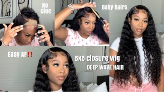 Side Part 5X5 Closure Wig Install With Baby Hair | Best Deep Wave Hair | Unice Hair