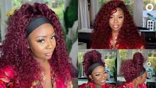 Fall Ready Burgundy Hair! Bomb 99J Deep Wave Headband Wig | Easiest Glueless Install | Asteria Hair