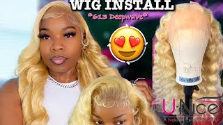 Start To Finish ￼613 Deep Wave Frontal Wig Install + Bombshell Curls | Unice Hair