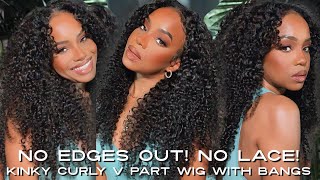 No Lace! No Edges Out? Kinky Curly V Part Wig With Bangs! | Curlyme Hair | Alwaysameera