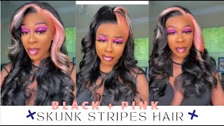 New Trendy Lace Front Wig Install! Nature Black + Pink Skunk Stripes Hair Ft  #Elfinhair