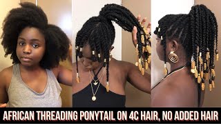 African Threading & Flat Twist Ponytail With Bangs On 4C Hair, No Added Hair