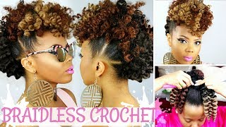 Braidless Crochet | No Cornrows | Curly Crochet Faux Hawk Tutorial | Natural Hair Updo |Tastepink