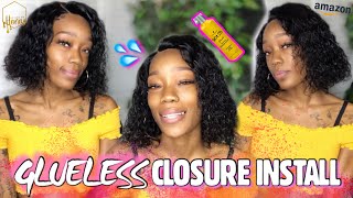 Glueless Closure Wig Install  Water Wave Curly Bob Wig From Amazon  Grwm Feat. Lanqi Hair