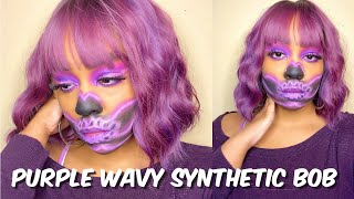 Cute & Affordable 10 Inch Purple Wavy Synthetic Bob Wig With Bangs | Halloween Edition Lindsay Erin