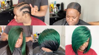 How To Do A Quickweave With No Leave Out| Layered Green &Black Razor Cut Bob| Protective Cap Method