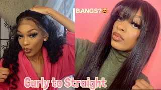 First Time Cutting Bangs In A Lace Front Wig | Curly To Straight Ft. Ishow Hair