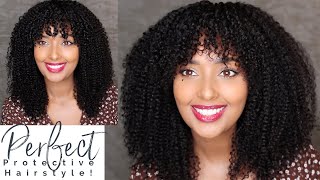 Best Beginner Friendly Natural Protective Hairstyle | Curly Wig W/ Bangs Ft. Wingsbyhergivenhair