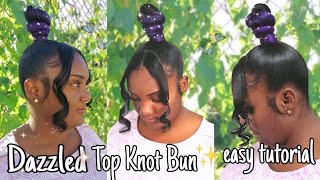 How To Do : Dazzling Top Knot Bun With Two Curly Bangs | The Rhinestones Though