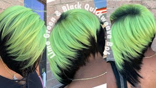 Lime Green & Black Invisible Part Quickweave Bob| Razor Cut With Layers