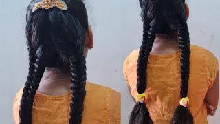 Clipped Double Hair Braids In Telugu//Simple Hairstyle For School Girls