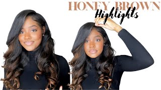 Honey Brown/Blonde Highlights On Light Yaki Silk Press Clip Ins Ft. Curls Queen