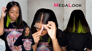 New Blunt Cut Bob With Peekaboo Green Highlights | 4X4 Closure Glueless Wig | Megalook Hair