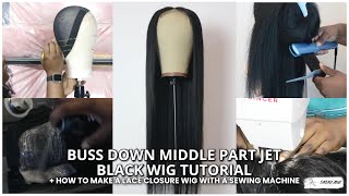 Buss Down Middle Part Jet Black Wig Tutorial + Make A Closure Wig On A Sewing Machine |Barbara Atewe